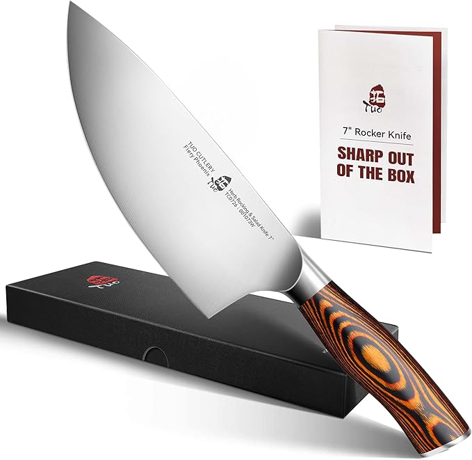TUO Rocker Knife, 7 inch Salad Chopper Chef Knife for Herb Rocking and Veggie Chopping, Vegetable Cleaver in High Carbon Steel with Ergonomic Handle - Fiery Phoenix Series