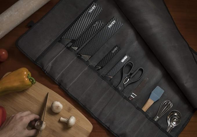 Asaya Canvas Chef Knife Roll Bag - 10 Knife Slots and a Large Zipper Pocket - Durable 10oz Canvas Knife Case with an Adjustable Shoulder Strap - Knives not Included
