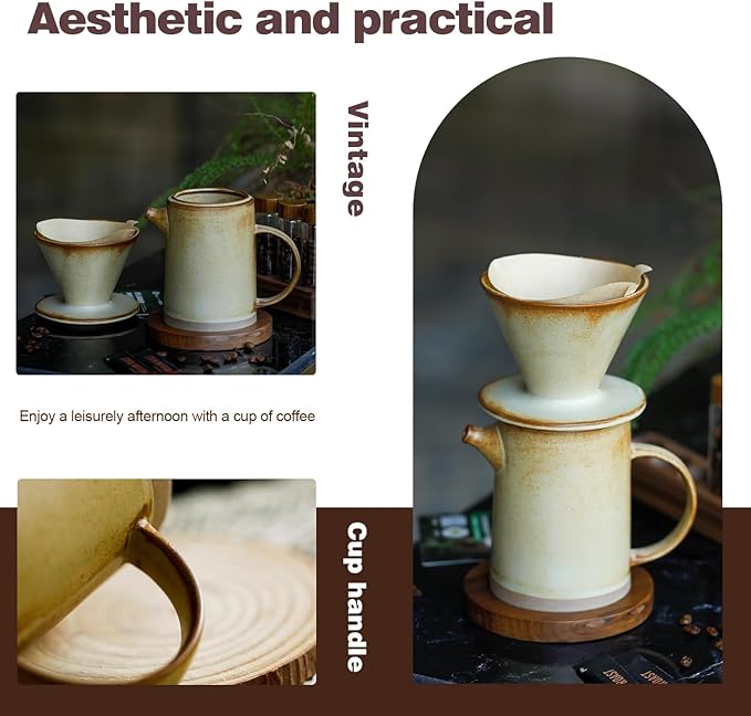 Pour Over Coffee Maker Set Vintage Ceramic Pour Over Coffee Dripper Set with 20 Count Paper Coffee Filters,for Home Café Restaurant Camping,15.8 Ounces(Yellow)
