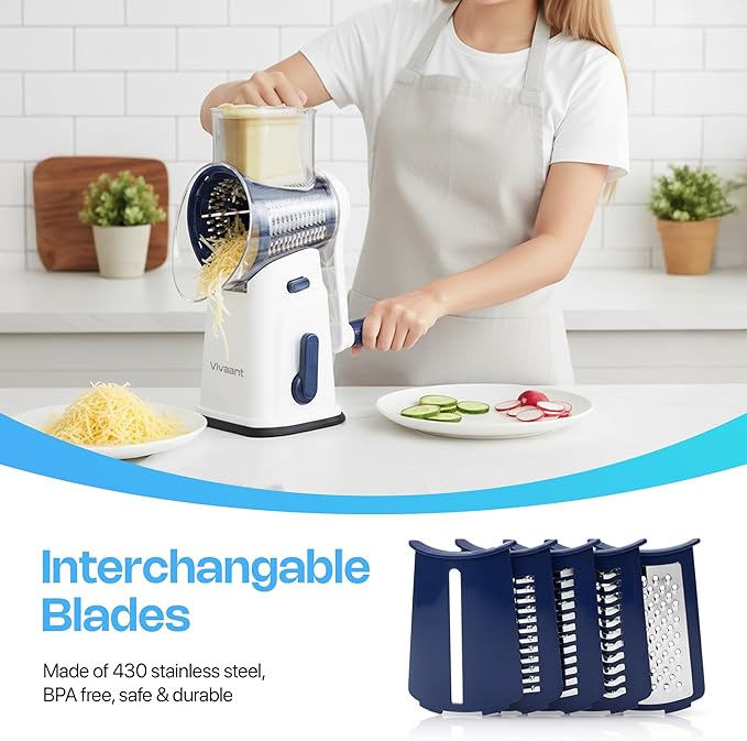 Rotary Cheese Grater with Handle, Cheese Shredder Hand Crank with Suction Base & 5 Interchangeable Blades, Multi-Functional Food Chopper for Vegetables, Nuts & Chocolate - Easy to Use & Clean