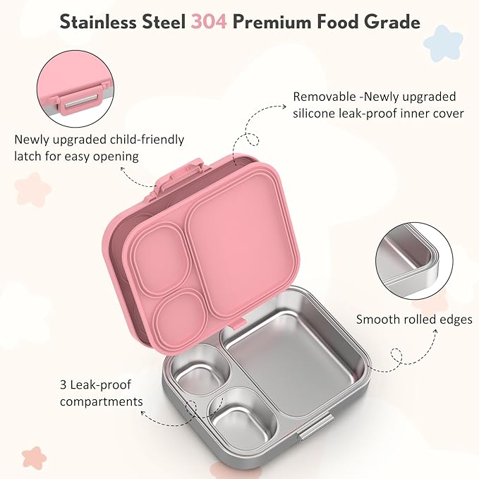 Stainless Steel Bento Box Kids, Leak Proof Metal Bento Lunch Box,3 Compartments 304 Stainless Steel Bento Lunch Containers for School and Office, BPA-Free(Pink)