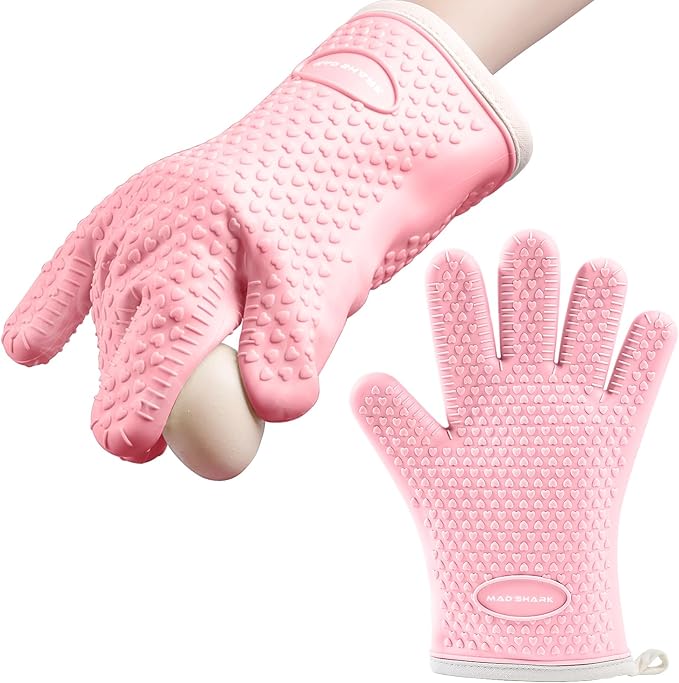 MAD SHARK Silicone Oven Mitts Heat Resistant 450 Degrees,Waterproof & Non-Slip Oven Gloves with Fingers,Cotton Lined Silicone Oven Gloves Kitchen Mitts for Baking Cooking Barbecue,Women (Pink)