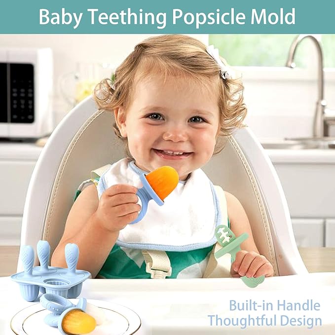 Silicone Baby Ice Pop Molds with Easy-Grip Handles, 4-Cavity Frozen Treat Tray for Toddlers, Mini Popsicle Maker for Teething Relief, Fruit Puree & Breastmilk Snacks (Light Pink)