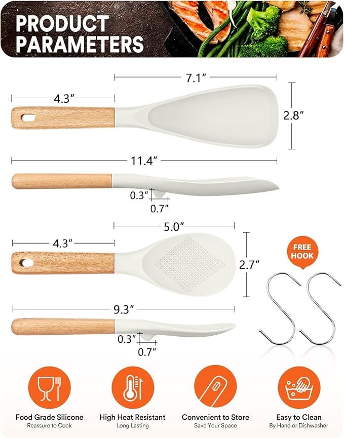 Cooking Spoon and Rice Scooper for Nonstick Cookwares, Great for Cooking and Serving Sturdy BPA-Free Matte Silicone, Wood Handle Spoon for Mixing, Scoop, and Scrape (WHITE)
