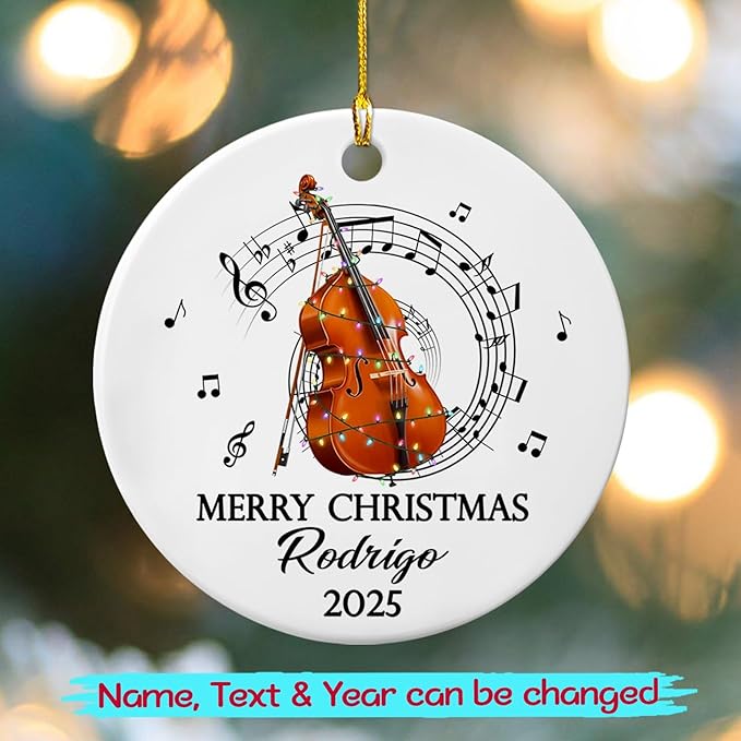 Unique Contrabass Instrument Ceramic Ornament, Customized Text Year Name Contrabassist Ornaments Gift for Women Men Contrabass Player/Lover, Personalized Double Bassist Musical Ceramic Xmas Ornament
