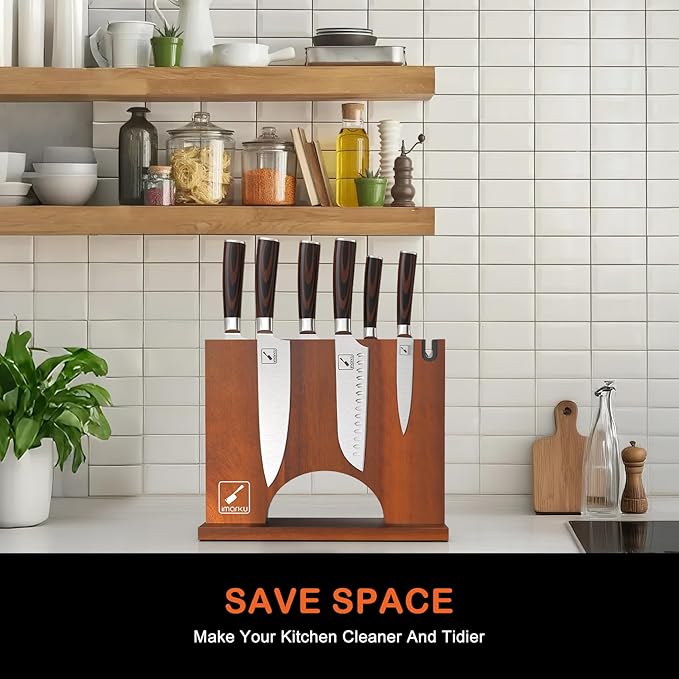 Magnetic Knife Block, Magnetic Knife Holder with Double Sided Magnetic Design, 12×10 Inches Knife Stand with Knife Sharpener, Acacia Wood Knife Storage for Kitchen Counter