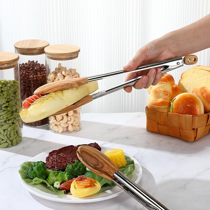 Baderke 2 Pcs Olive Wooden Kitchen Tongs for Cooking Wooden Utensil Set Salad Tongs with Wood Tips for Serving Salad Flipping Burgers Grilling and Much More, Set of 2, 11.4 Inch and 14.6 Inch