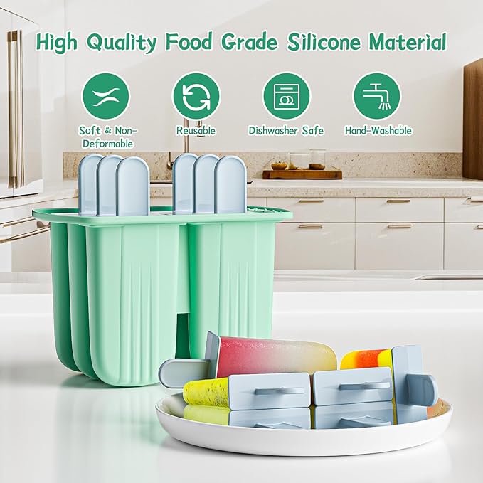 6 Pieces Silicone Popsicle Molds,Easy-Release BPA-Free,Ice Pop Mold Ice Cream Molds For Kids,With 6 PCS Plastic Stick+Cleaning Brush (Mint Green)