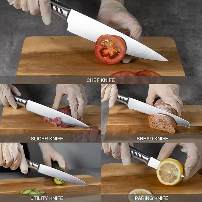 Knife Block Set, 7 Piece Cooking Knife Set, Premium Kitchen Knife Set with Knife Block and Sharpener, Hardwood Brown Knife Set，New Apartment Gift