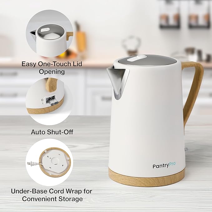 PantryPro 1.7L 1500W Rapid-Boil Electric Kettle - Stainless Steel Interior - Auto Shut-Off, Boil-Dry Protection, LED Indicator, Wide Opening - Cream White