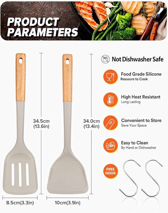 Silicone Wok Spatula Turner Set, Perfect for Scooping, Flipping, Lifting Pancakes and Picking up Veggies, BPA-Free Matte Silicone, Wooden Handles, Safe for Nonstick Cooking Surfaces (Khaki)