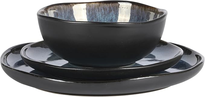 Gibson Elite Nardini 12 Piece (Service for 4) Plates and Bowls Reactive Glaze Dishes Stoneware Ceramic Dinnerware Set - Black and Blue