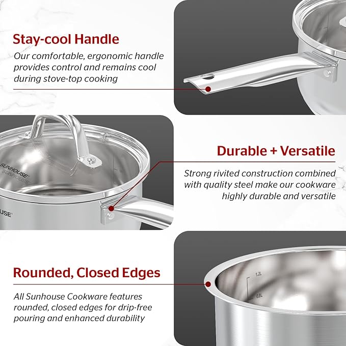 Sunhouse – 2 Quarts Stainless Steel Sauce Pan with Lid - PFOA-FREE, High Stainless Steel Sauce Pan, Advanced Impact Bonding Induction Base, Stay-Cool Handle, Compatible with All Cooktops