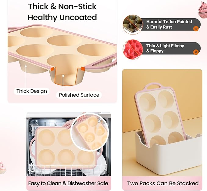 Silicone Jumbo Muffin Pan with Metal Frame, Non Stick Food Grade Silicone Large Muffin Pan, with Handles 6 Cup,BPA-Free and Dishwasher Safe, Jumbo Cupcake Pans - 2 Piece Yellow