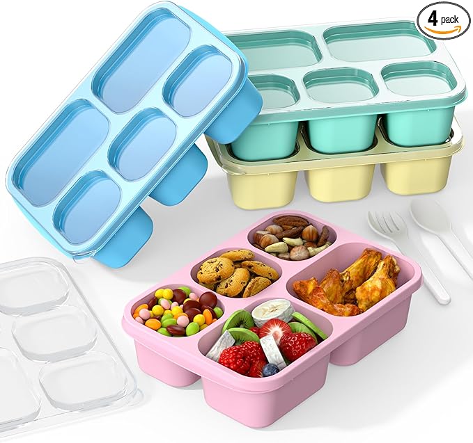 Bento Box Adult Lunch Box - 4 Pack, 5 - Compartment Meal Prep Container for Kids, Reusable Food Storage Snack Containers - Stackable for School, Work, and Travel (PP(Blue/Pink/Green/Yellow))