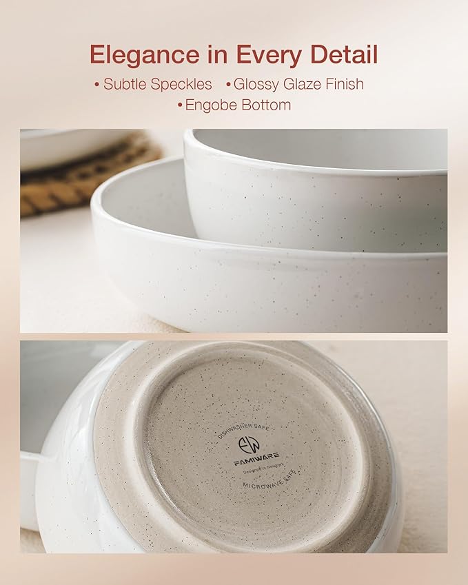 Famiware Milkyway Dinnerware Set with Mugs, Service for 4 (16pcs), Ribbed Stoneware Plates and Bowls Dishes Sets - Chip & Scratch Resistant, Microwave & Dishwasher Safe, White