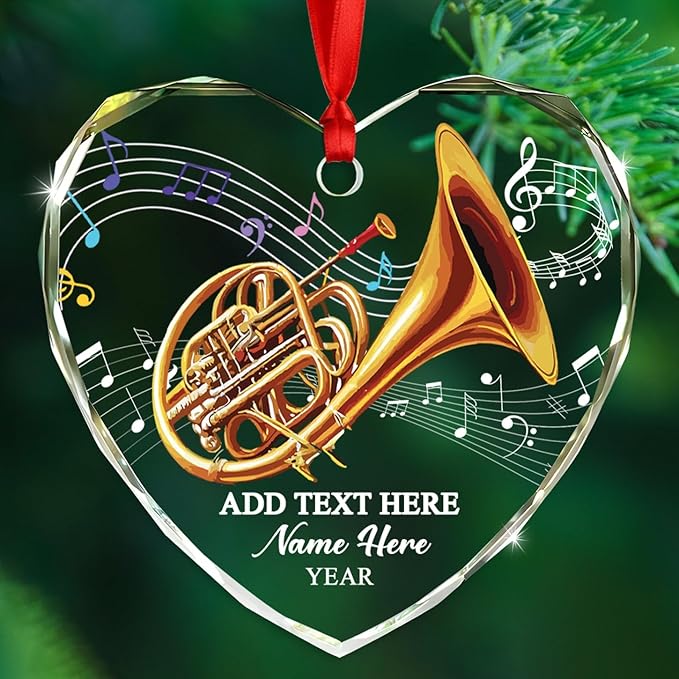 Customized French Horn Instrument Glass Ornament Xmas Tree, Personalized Year Text Name French Horn Lover Christmas Ornaments Gift for Dad Mom Husband Wife Uncle Aunt,Unique Horns Glass Xmas Ornament