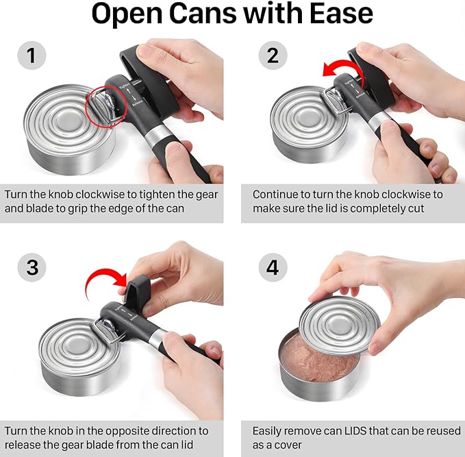 Beneno Can Opener, Manual Side Safe Cut Can Opener Smooth Edge with Durable Sharp Blade, Effort-Saving Knob & Comfortable Non-slip Handle, Black