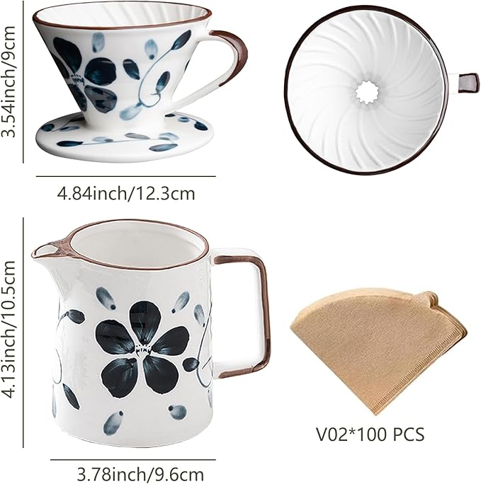 Ceramic Pour Over Coffee Maker Set, Ceramic Coffee Dripper with Single Hole, Coffee Pot & 100 Paper Filters for Home, Travel, Camping (1-4 Cup)