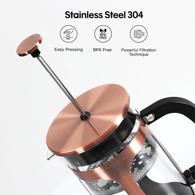 Panana French Press Coffee Maker 34oz Coffee Press, Cold Brew Coffee Tea Pot for Travel, Heat Resistant Thickness Borosilicate Glass French Press (230C-Copper)