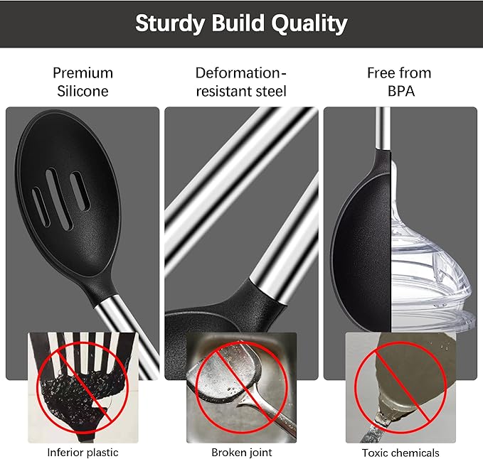 Silicone Spatula Spoon Set, 4 PCS Silicone Cooking Utensils Spatula Spoon Set with Stainless Steel Handle, BPA Free Kitchen Turners for Frying, Mixing, Serving, Draining, Turning, Stirring, Black
