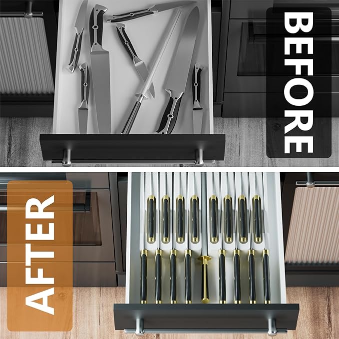 Domax Bamboo In-drawer Knife Block - Knife Drawer Organizer Insert Large Handle Steak Knife Holder, Kitchen Drawer Knife Organizer Fits for 16 knives and 1 Sharpening Steel (Not Included), White