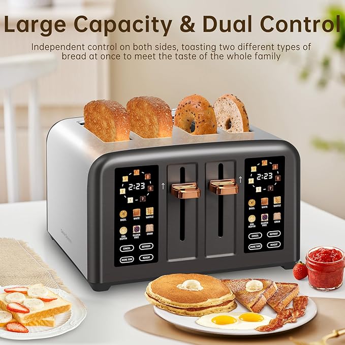 SEEDEEM Toaster 4 Slice, Stainless Steel, Touch Screen for Dual Control, Digital Timer, Smart Toaster with 6 Bread Type, 7 Shade Setting, 1.5''Wide Slot, Removable Crumb Tray, 1800W, Dark Metallic