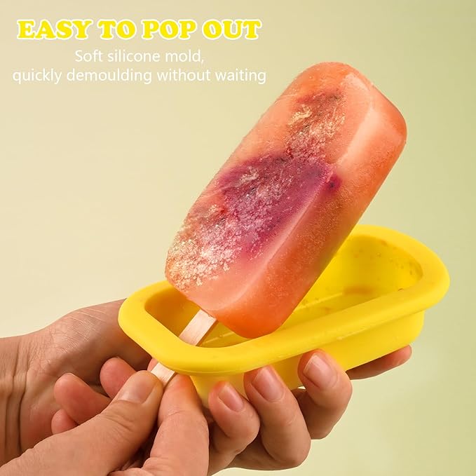 Sakolla 4 Pcs Silicone Popsicle Molds with Lid & 50 Pcs Wooden Popsicle Sticks, Stackable Classic Oval Ice Cream Molds for Homemade Ice Pop, Cakesicles, Freezer Yogurt and Fruit Juice (Multicolor)