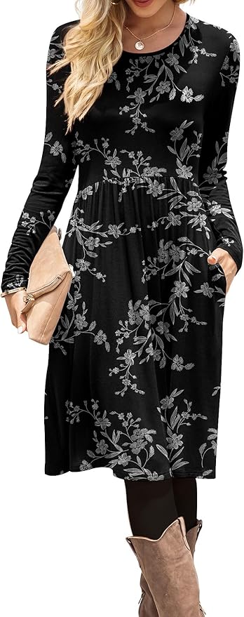 DB MOON Women Casual Long Sleeve Dresses Empire Waist Knee Length Loose Dress with Pockets