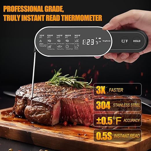 Smart Meat Thermometer Digital with Ultra-Fast 0.5 Sec Instant Read, NIST Certified ±0.5°F Accuracy, Auto-Rotating Backlight Display, IP67 Waterproof, Oven Safe for Grill, BBQ, Smoker, Candy