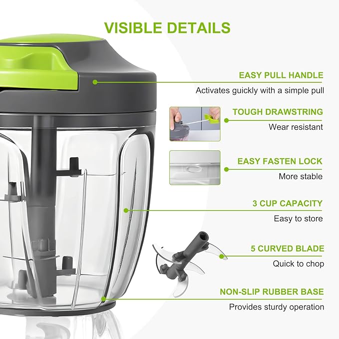 Manual Food Processor Vegetable Chopper, Portable Hand Pull String Garlic Mincer Onion Cutter for Veggies, Ginger, Fruits, Nuts, Herbs, etc., 900ml-Gray