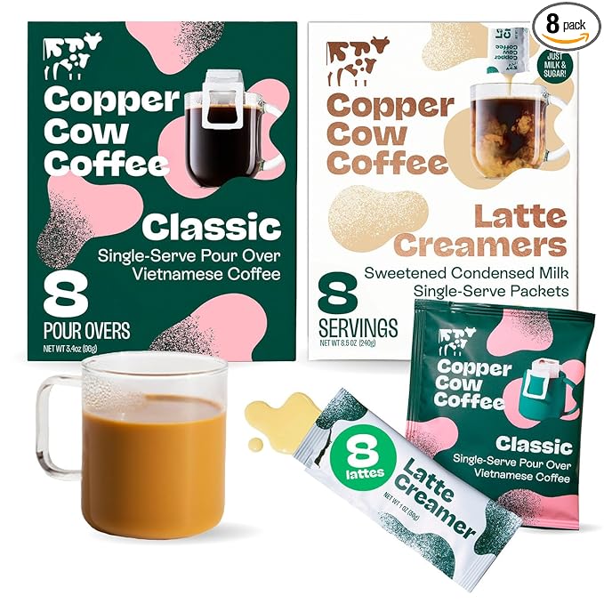 Copper Cow Coffee Pour Over Vietnamese Coffee Pouches + Sweetened Condensed Milk Creamers (8 Coffees & 8 Milk Creamers) | Classic Black Lattes, No Refrigeration Needed, Travel Friendly