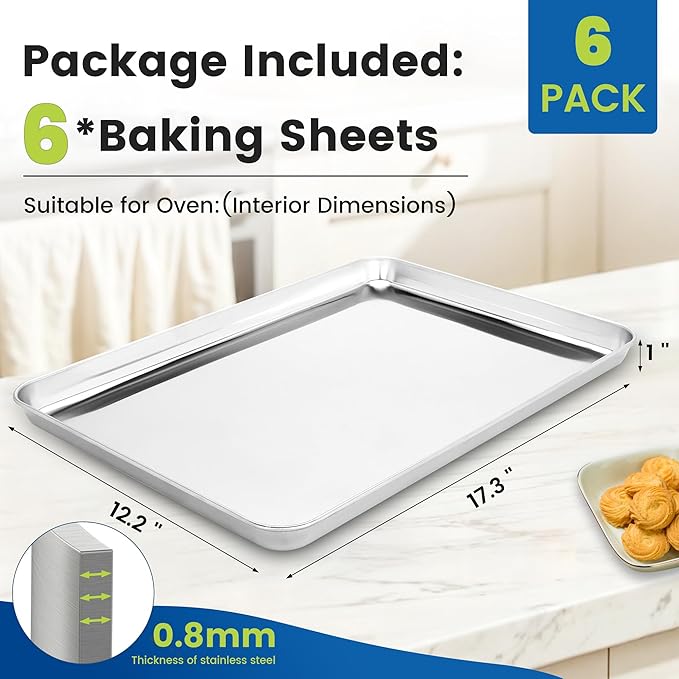 6 Pack Stainless Steel Baking Sheet Pans, 17.3" L × 12.2" W × 1" H Cookie Sheets for Toaster Oven, Rust-Resistant, Dishwasher Safe