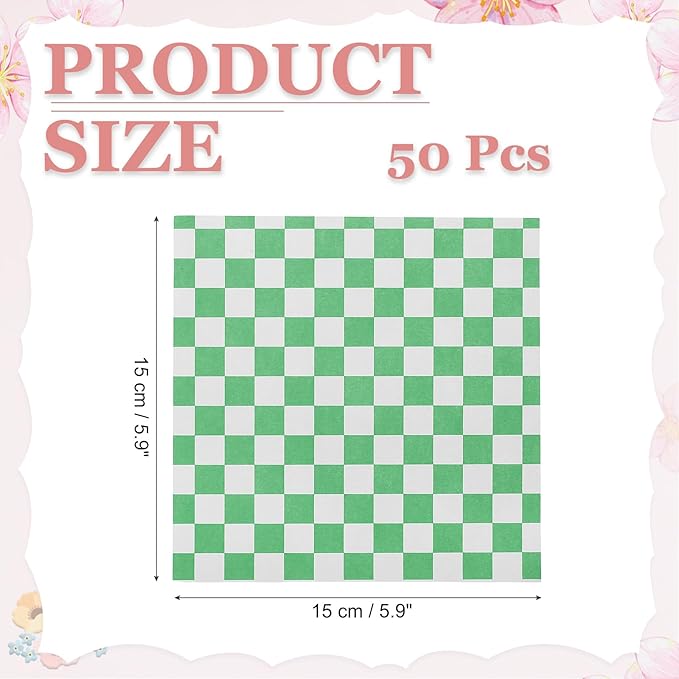 PATIKIL 5.9" x 5.9" Waxed Paper Sheets, 50Pcs Square Pattern Oil-absorbing Dry Food Wrapping Paper for Bakery Coffee Shop Home Baking Kitchen DIY, Green