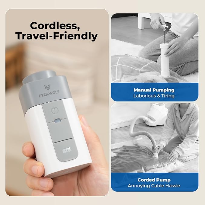 ETENWOLF 4 Pack Vacuum Storage Bags with Rechargeable Wireless Pump, Vacuum Seal Bags for Clothes and Travel, Space Saver Bags in Multiple Carry-On Sizes, Perfect for Luggage and Suitcases