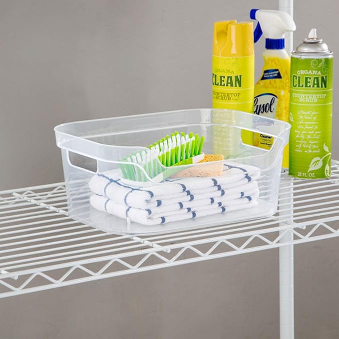 Sterilite 5.25x9.5x13 In Medium Polished Open Scoop Front Storage Bin w/Comfortable Carry Through Handles for Household Organization, Clear (16 Pack)