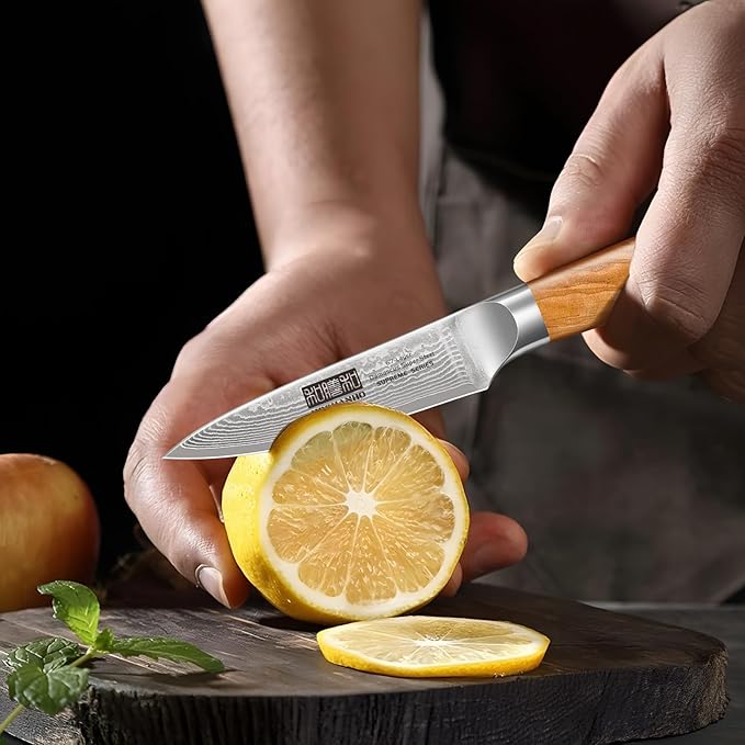 HOSHANHO Damascus Kitchen Knife Set 3-Piece, Ultra Sharp 8" Chef Knife, 7" Santoku Knife, 3.75" Paring Knife, Professional 10Cr15CoMoV Damascus Super Steel Chef Knife Set with Ergonomic Handle