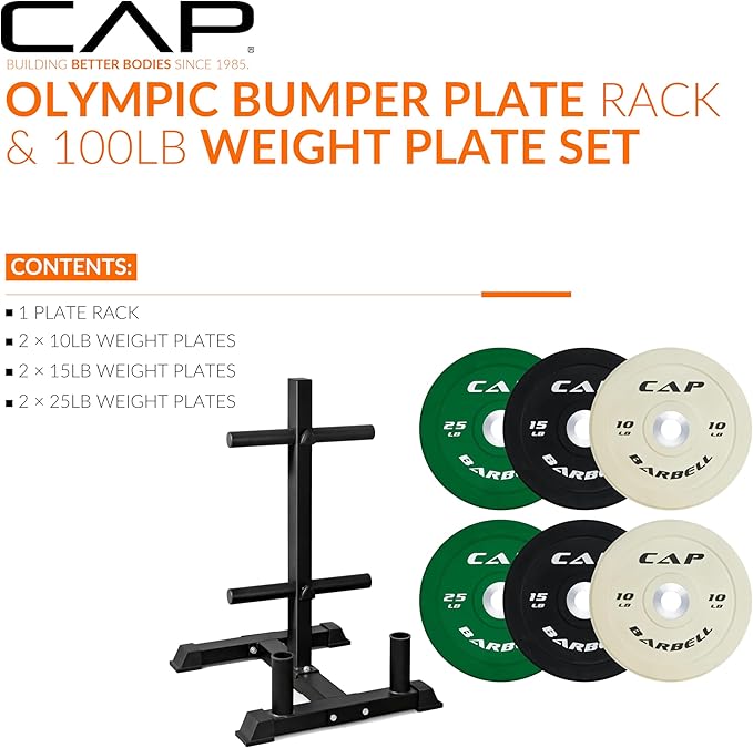 CAP Barbell 2-Inch Olympic Bumper Plate Weight Set with 6 Post Rack | 100-370 lbs | Multiple Options