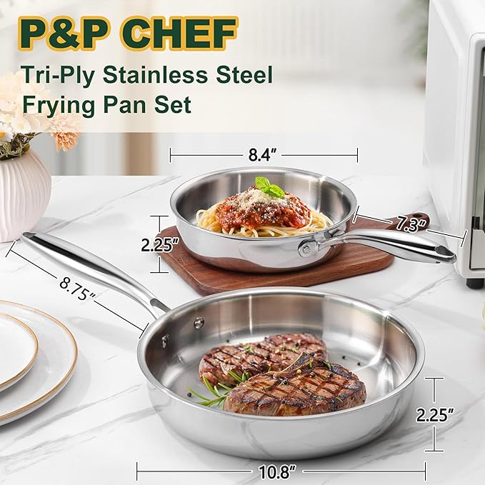 P&P CHEF 8 & 10 Inch Stainless Steel Frying Pan, 3-Ply Stainless Steel Pan Skillet, Induction Stir-fry Pan, Oven & All Stoves Safe, Heavy Duty & Even Heat, Dishwasher Safe, Silver, (2 Pieces)