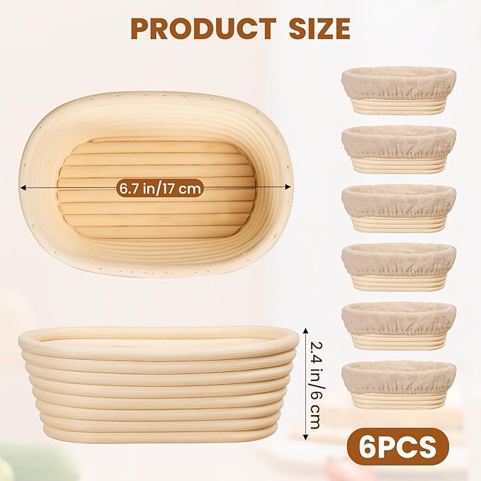 6 Inch Oval Banneton Bread Proofing Basket Set of 6, Kikcoin Mini Sourdough Bread Baking Supplies, Small Banneton Basket Proofing Baskets for Sourdough Bread Baking