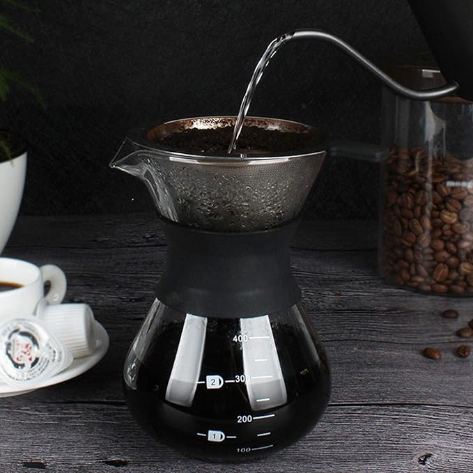 Joyzan Pour Over Coffee Maker, High-Heat Paperless Glass Drip Dripper Brewer Carafe with Reusable Stainless Steel Filter Scale Line Paperless Removable Portable Pot Set Clear Camping Hiking 400ML