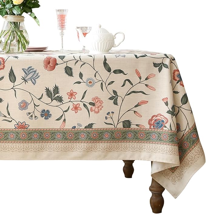 ISAENNE Designer Chinoiserie Linen Floral Extra Long Tablecloth Rectangle,White Wrinkle Resistant Table Cloth,Elegant Decor Tablecloths for Dining Thanksgiving Kitchen Party,67"*118"-Daffy