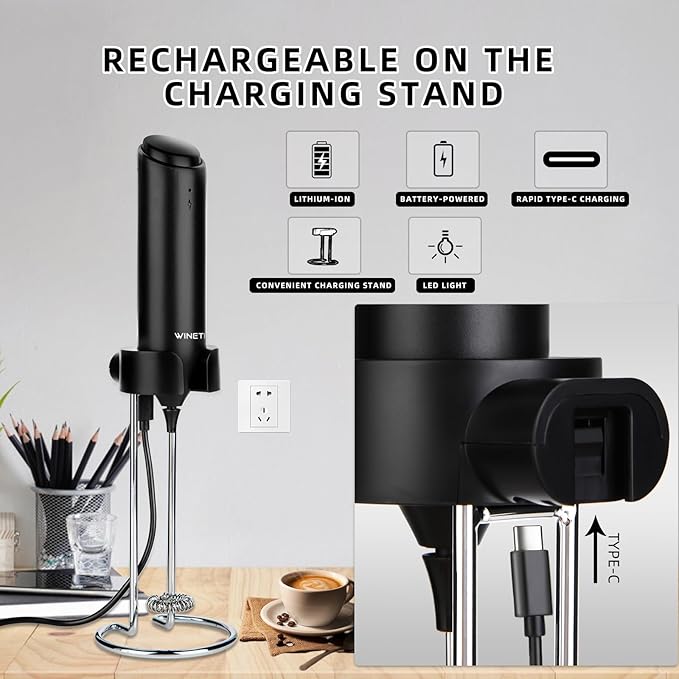 Rechargeable Electric Milk Frother Handheld, Coffee Frother with USB C Charging Stand, Powerful Frother Wand Whisk, Drink Mixer for Lattes, Hot Chocolate, Matcha, etc