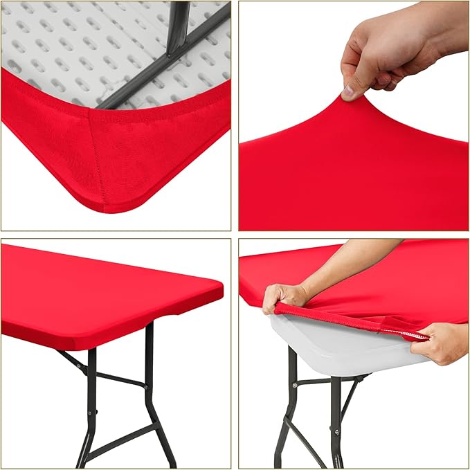 6 Pack Stretch Fabric Table Top Cap Cover, fits 6' Tables, Spandex Table Covers Washable Elastic Universal Rectangle Tablecloth Protector for Indoor Outdoor Party Picnic Wedding, Red, 30" W x 72" L