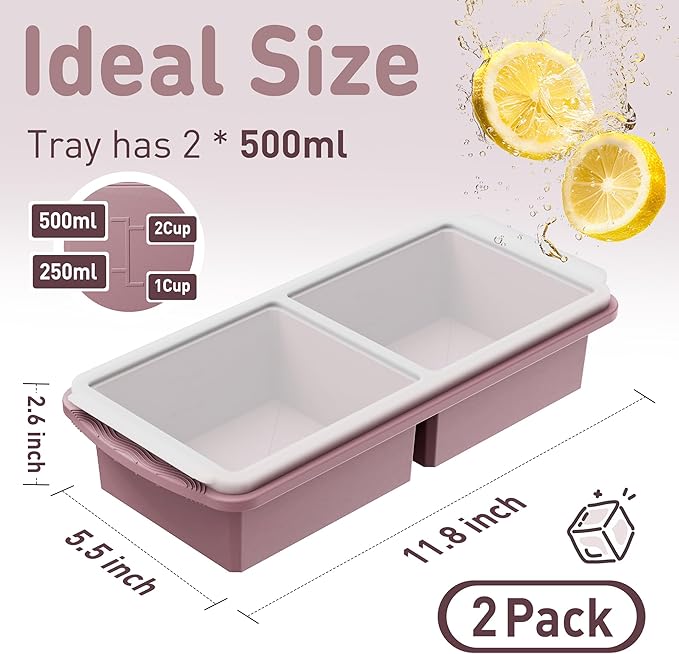 Silicone Freezer Tray with Lid Soup Freezer Container Molds with Steel Reinforced Rim Large Ice Cube Tray Makes 4 Perfect 2 Cup Portions Cubes Storage Food Meal Prep Containers Cookware 2 Pack