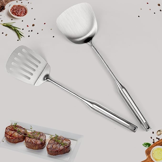 304 Stainless Steel Kitchen Utensils Set, 2 Pcs Long Metal Utensils Set with Spatula, Slotted Spatula Turner (Dishwasher Safe)