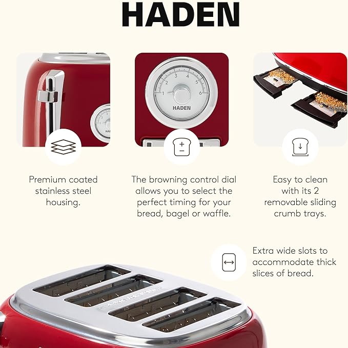 Haden Dorset 4 Slice Wide Slot Stainless Steel Toaster with Adjustable Browning Control & Non-Slip Feet, Rectory Red