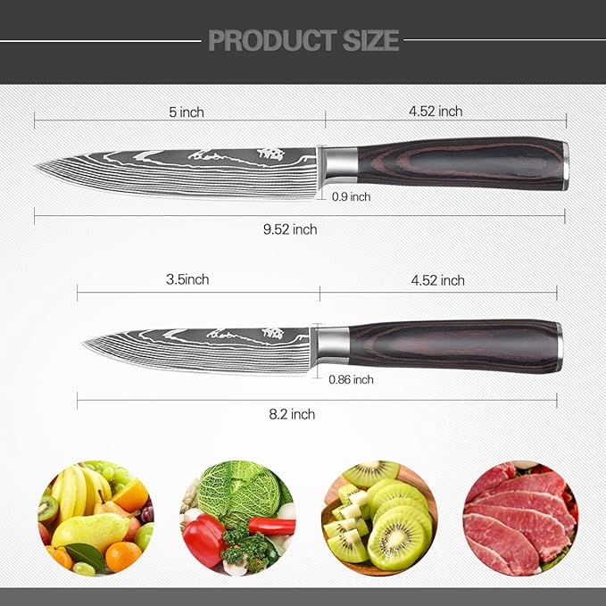 Paring Knife Set, 3.5'' Fruit Knife and 5'' Utility Knife, Sharp High Carbon Stainless Steel Small Kitchen Knives, Forged Peeling and Vegetable Cutting Knives with Gift Box