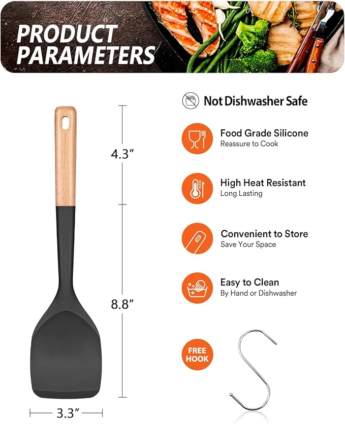Nonstick Silicone Spatula, Non Scratch Flexible Edge for Pans, Slip Resistant comfortable Wooden Handle, Heat Resistant BPA-Free Kitchen Spatulas for Cooking, 13.2 Inch, BLACK