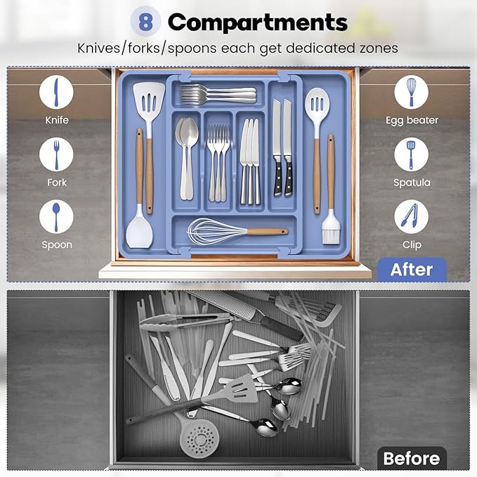 Caperci Large Silverware Organizer for Kitchen Drawer & Utensils - Expandable Drawer Organizer for Cutlery, Flatware & Gadget, BPA-Free Thick Plastic, Wider Compartments & Non-skid Feet (Breezy Blue)